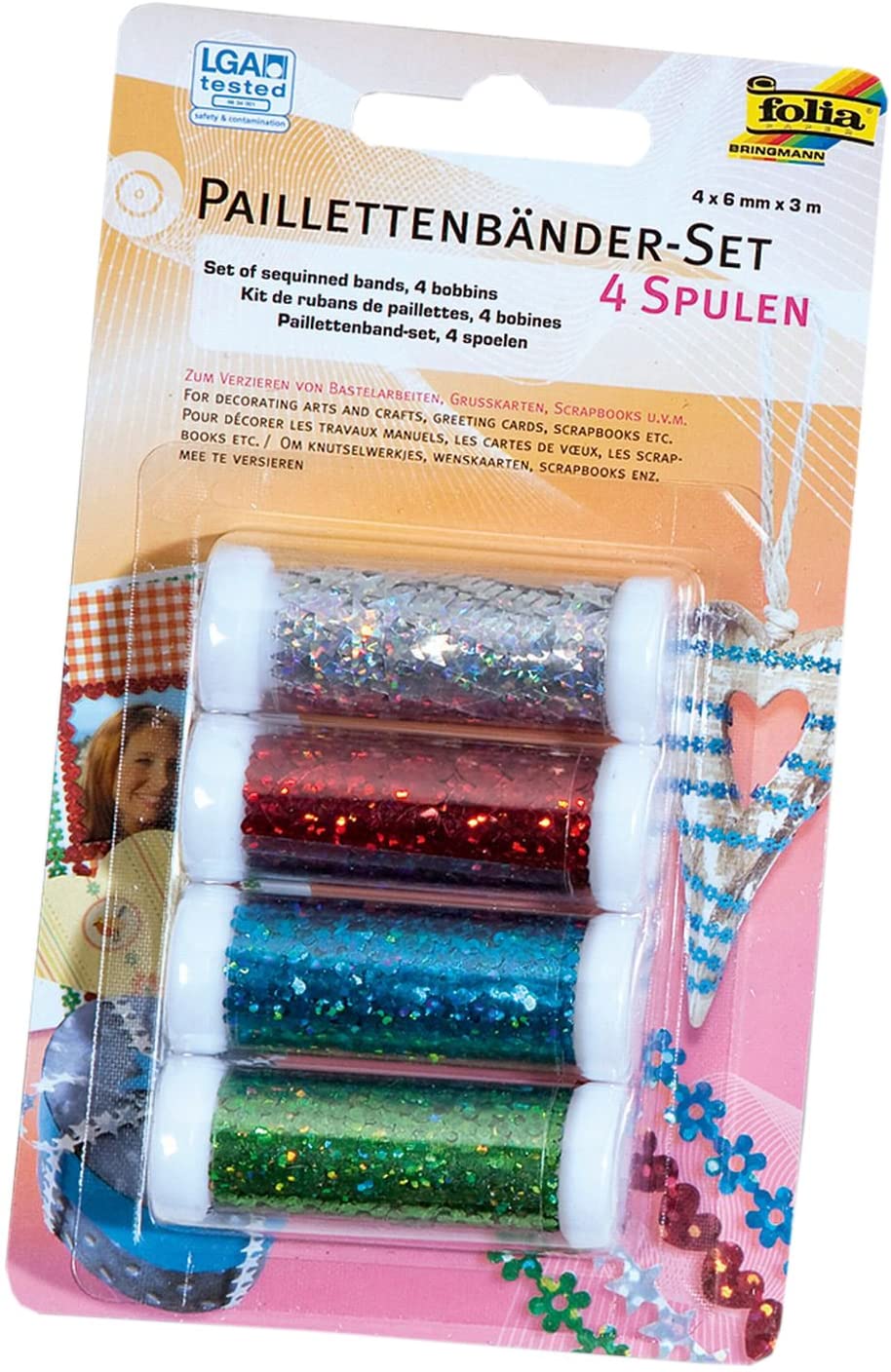 folia 13703 Sequin Ribbon Set, 4 Spools in 4 Different Colours, Each 6 ...
