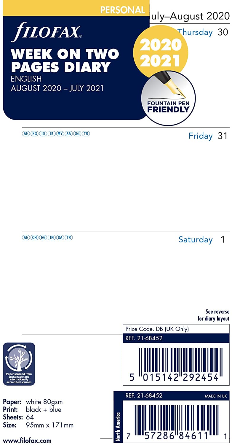 Filofax Personal Week on Two Pages English mid Year Diary August 20 - July 21, 21-68452