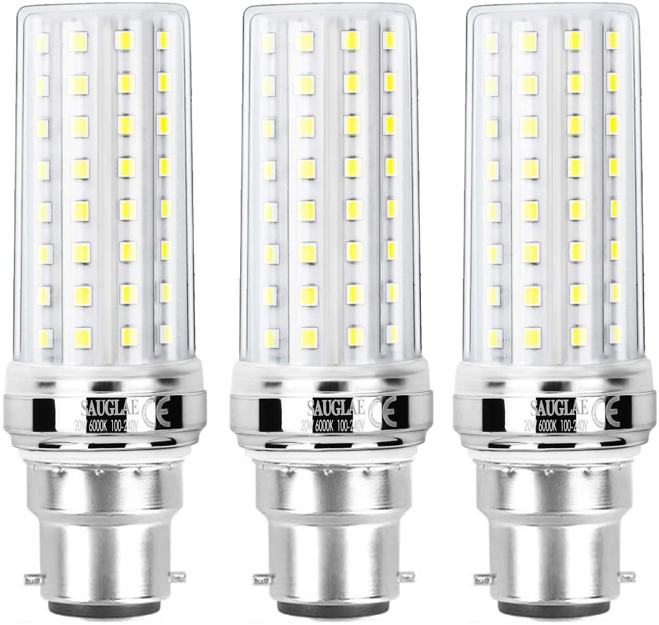 SAUGLAE 20W LED Corn Bulbs, 150W Incandescent Bulbs Equivalent, 6000K Daylight White, 2300Lm, B22 Bayonet Cap Light Bulbs, 3-Pack
