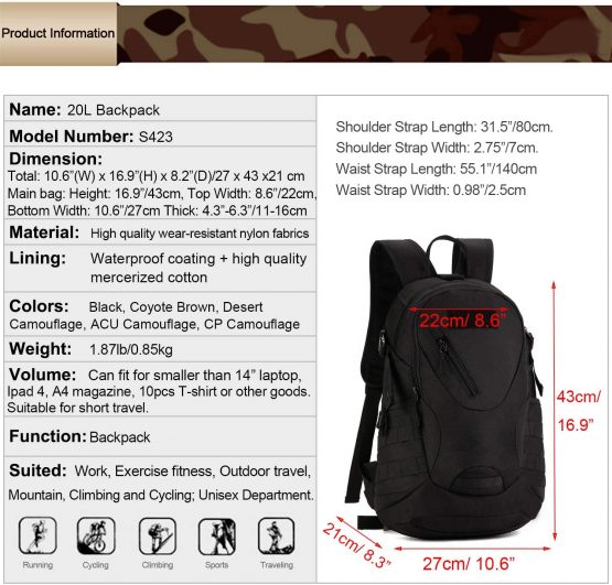 HUNTVP 20L Tactical Military Backpack Molle Daypack Rucksack Bag for School Travelling Hiking Camping Sports Working Outdoors - Image 2