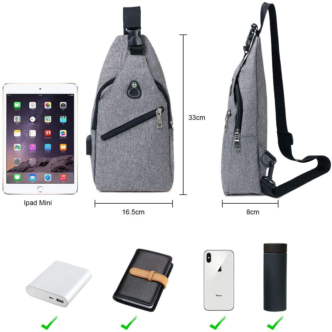 flintronic Sling Bag, Men Women Chest Bag with USB Charging Port & Earphone Port - Image 2