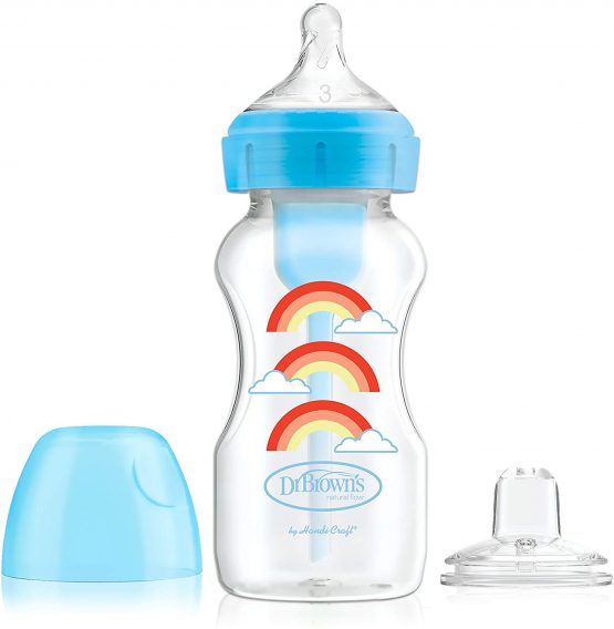 Dr. Brown’s Natural Flow Options+ Sippy Bottle Starter Kit, Wide-Neck, 9 oz/270 ml - Blue Rainbow
