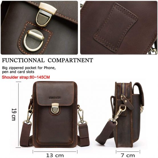 Contacts Real Leather Man Small Messenger Belt Bag Waist Pouch Purse for Mobile Phone Dark Coffee - Image 3