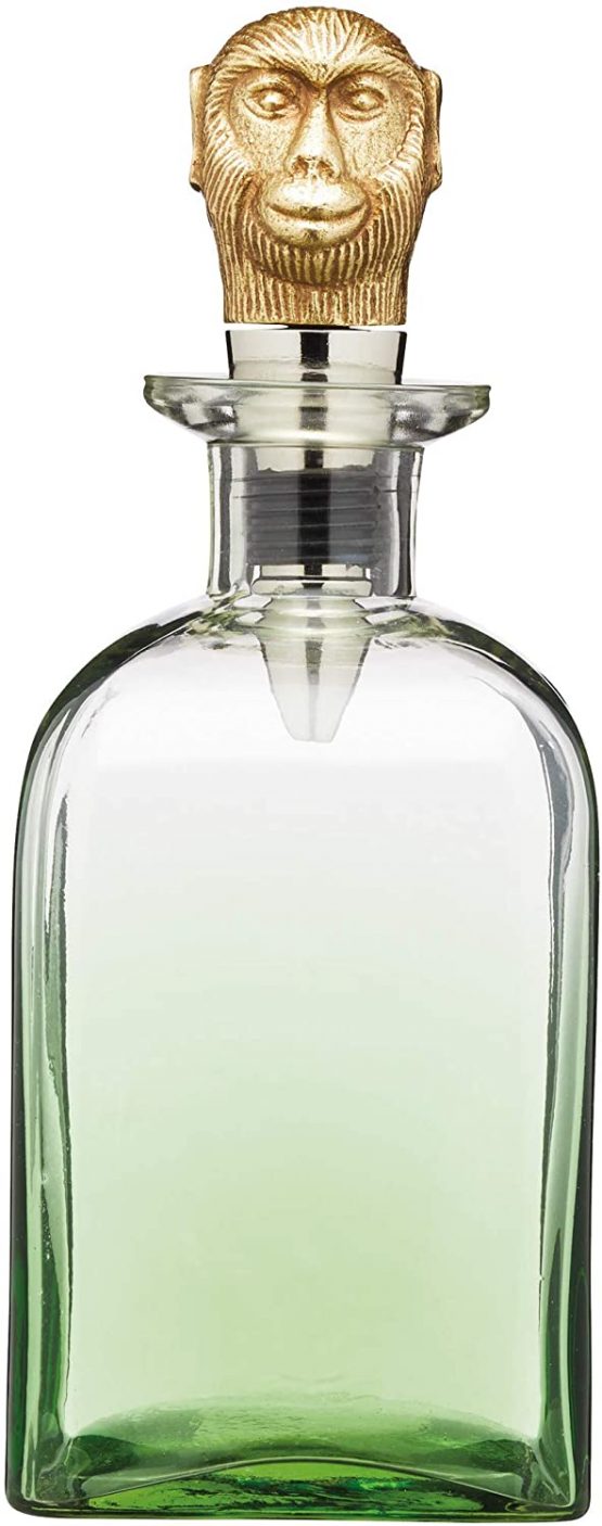 BarCraft BCMONKEYDEC Decanter with Brass Monkey Bottle Stopper, Glass, 900 ml, Green Monkey