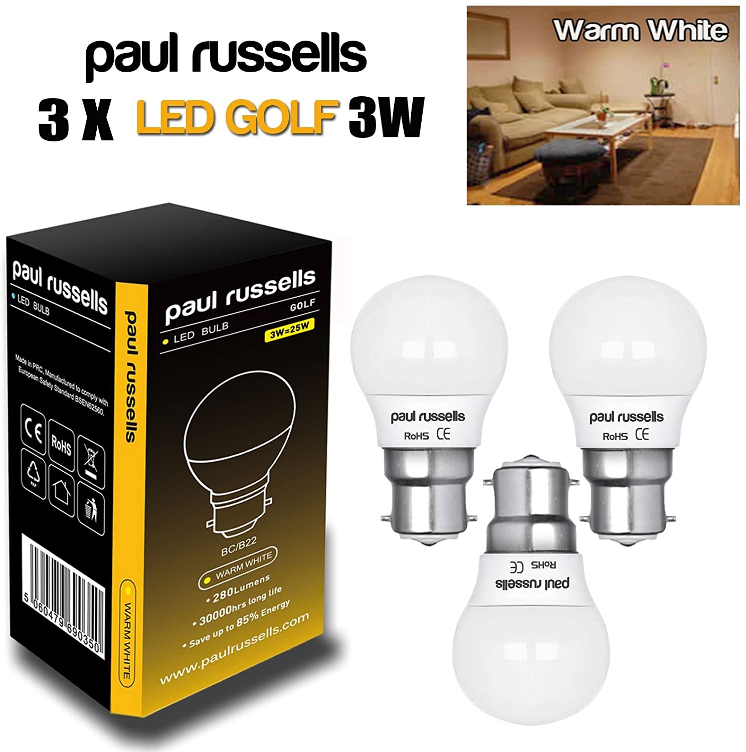 paul russells LED Bayonet Cap B22 Light, 25w Equivalent, 2.5W 250Lumens LED Bulbs, Mini Globe 2700K Warm White Lamps - Image 2