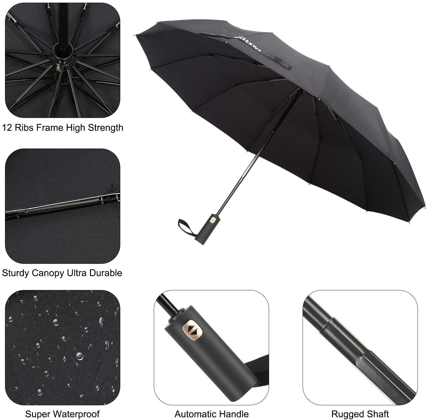 Miserwe Umbrella 12 Ribs Auto Windproof Folding Travel Umbrella ...