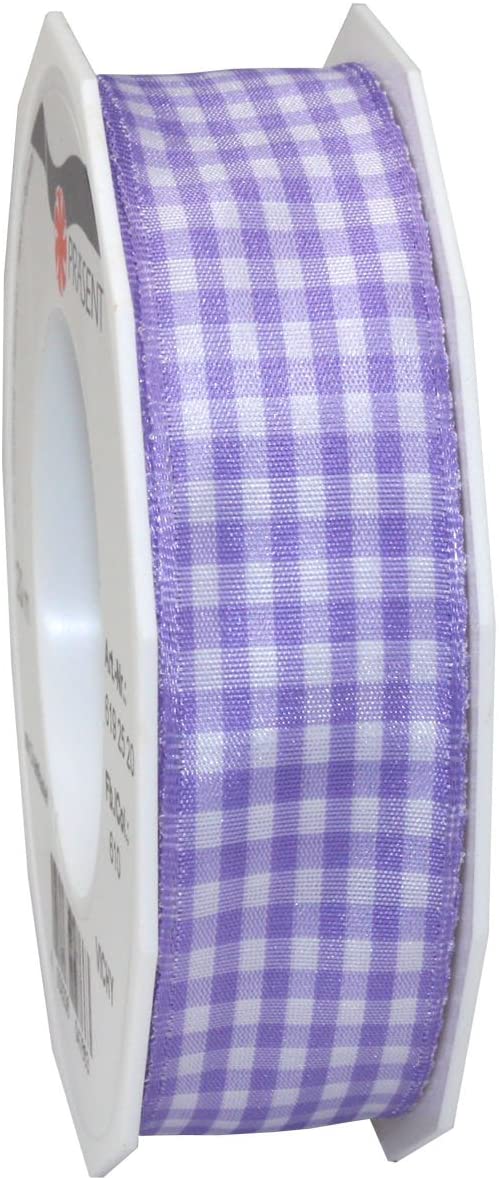 PRÄSENT - Vichy Wired Ribbon Light Purple-White 25 mm width, 20 m length, Green-white, 25mm - 20m