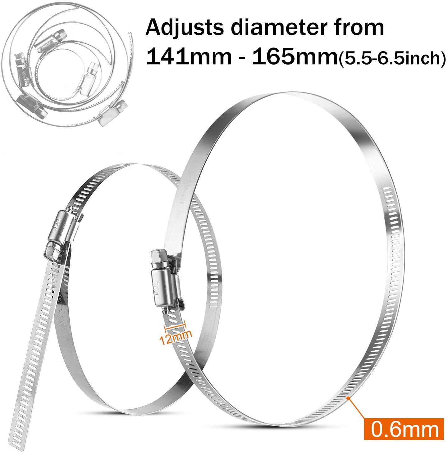 MIAHART 6 inch Hose Clips 304 Stainless Steel Duct Clamps Pipe Clamps Adjustable 141mm-165mm Hose Clamp (Pack of 6) - Image 3