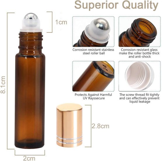 Essential Oil Roller Bottles - 10 Pcs, 10ml Refillable Amber Glass Roll on Bottles with Golden Lids by Yalbdopo, 12 Pcs Labels, Dropper & Opener Included - Perfect for Fragrance, Lotion, Aromatherapy - Image 2