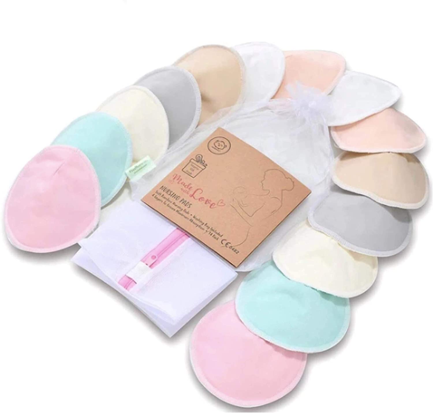 Organic Bamboo Nursing Breast Pads, 14 Washable Pads + Wash Bag, Breastfeeding Nipple Pads for Maternity