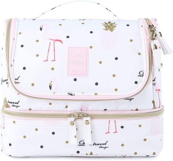 Hanging Toiletry Bag for Women, Lychii Cosmetic Bag with Double Layer, Toiletries Travel Organizer - Flamingo Printed