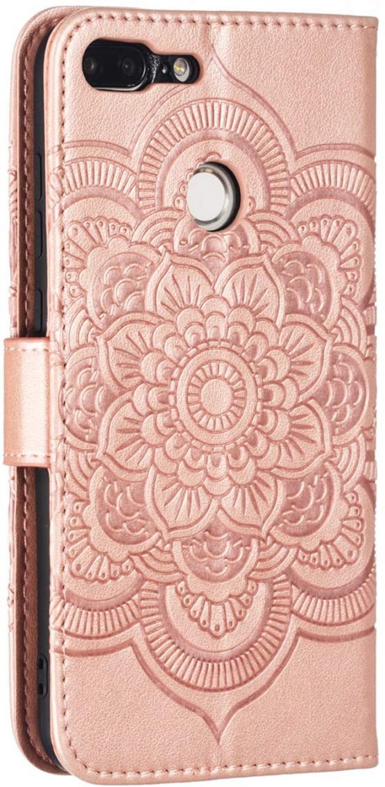 HMTECH For Huawei P Smart Case,Huawei Honor 9 Lite Cover,Embossed Mandala PU Leather Flip Notebook Wallet Magnetic Stand Card Slot Folio Bumper Case for Huawei P Smart,LD Mandala Rose Gold - Image 2