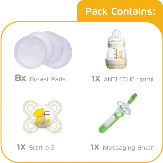 MAM Newborn Baby Box, Full of Newborn Baby Gifts & Hospital Bag Essentials, Including MAM Baby Bottle, Baby Soother, Teething Massaging Brush and Breast Pads - Image 3