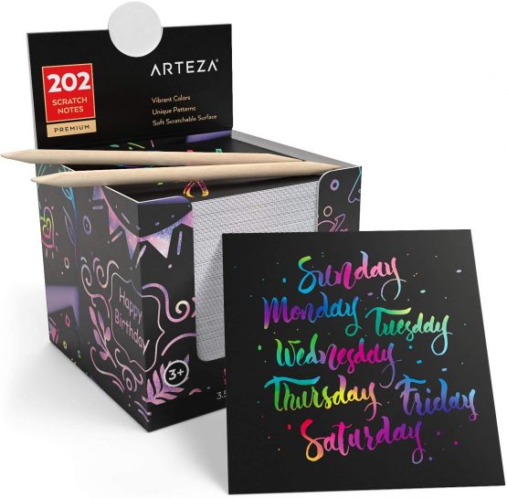 Arteza Scratch Paper Notes, Set of 202 Sheets, 3.5"x3.5" inches 200 Rainbow Notes & 2 Space Patterned Notes, Include 2 Scratchers, 2 Sharpeners, Art & Craft Classrooms and DIY Projects - Image 3