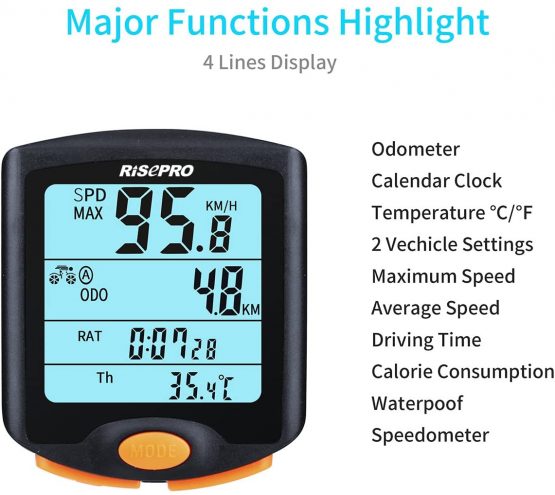 Wireless Bike Computer, RISEPRO® Waterproof Bike Cycle Computer 4 Line LCD Backlight Display for Tracking Riding Speed and Distance, Waterproof Bike Computer YT-813 - Image 3