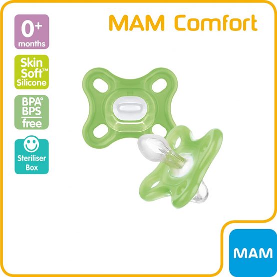 MAM Comfort All-Silicone Soothers 0 Months+ (Pack of 2), Soft and Light Newborn Soother, Premature and Newborn Essentials, with Self Sterilising Travel Case, Green - Image 2