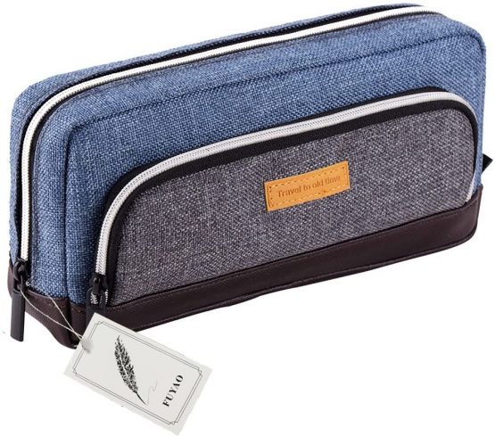 Canvas Pencil Case, Fuyao 3 Pockets Large Capacity Office School Stationery Pen Bag Pencil Holder Cosmetics Pouch Coin Purse for Teenage Boys Girls Gift (Blue)
