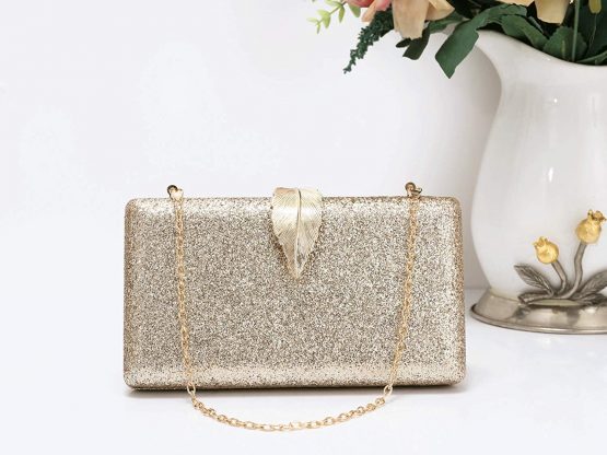 Elegant Shiny Glitter Wedding Party Bridal Evening Clutch Bag For Women with a Unique Metal Leaf Design Clasp - Image 3