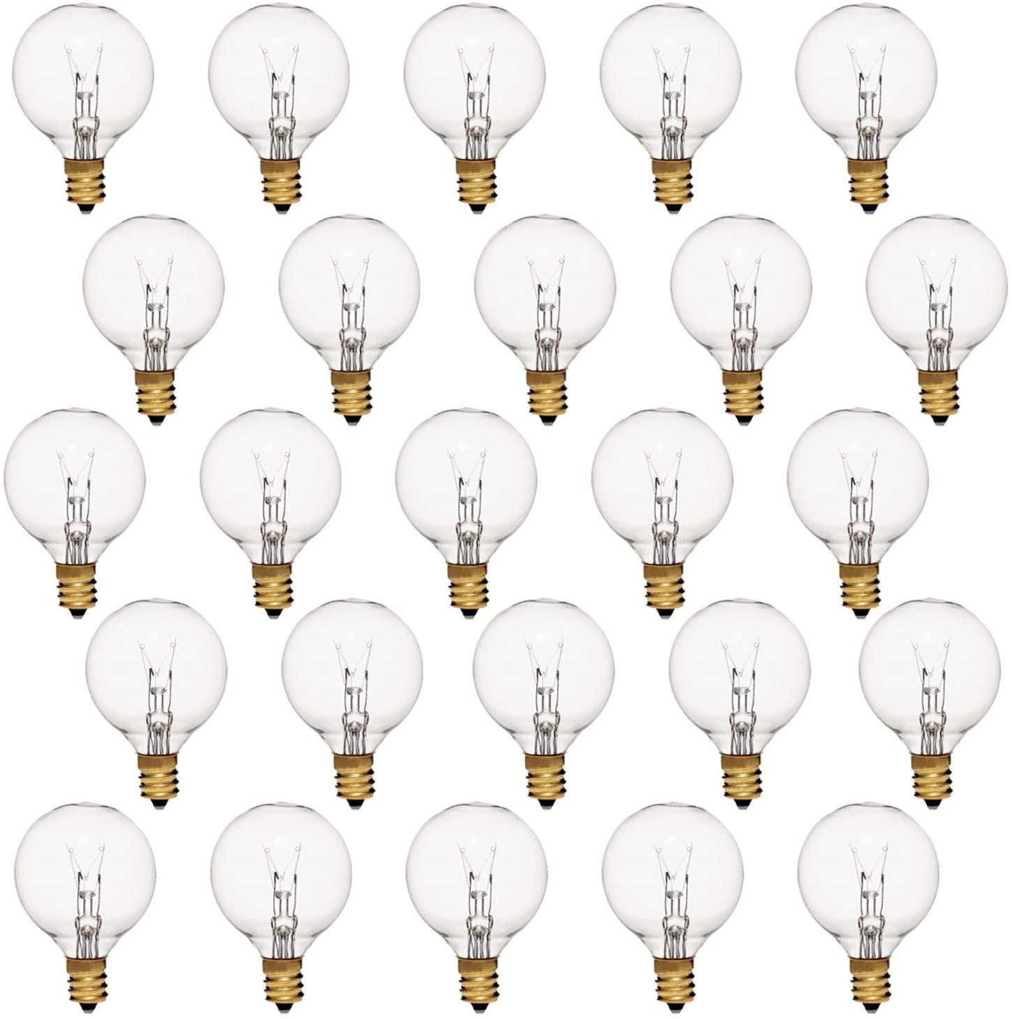 25 Pack G40 Incandescent Replacement Light Bulbs: 7 Watt G40 Globe Bulbs for Outdoor Chritsmas String Lights C7/E12 Candelabra Screw Base Salt Lamp Night Lights Bulbs