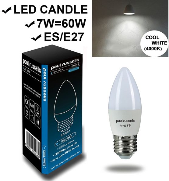 2 Pack 7W Candle LED Light Bulbs ES / E27 / Edison Screw Paul Russells 7W=60W C37 Chandelier 4000K Cool White 60W Incandescent Replacement - Image 2