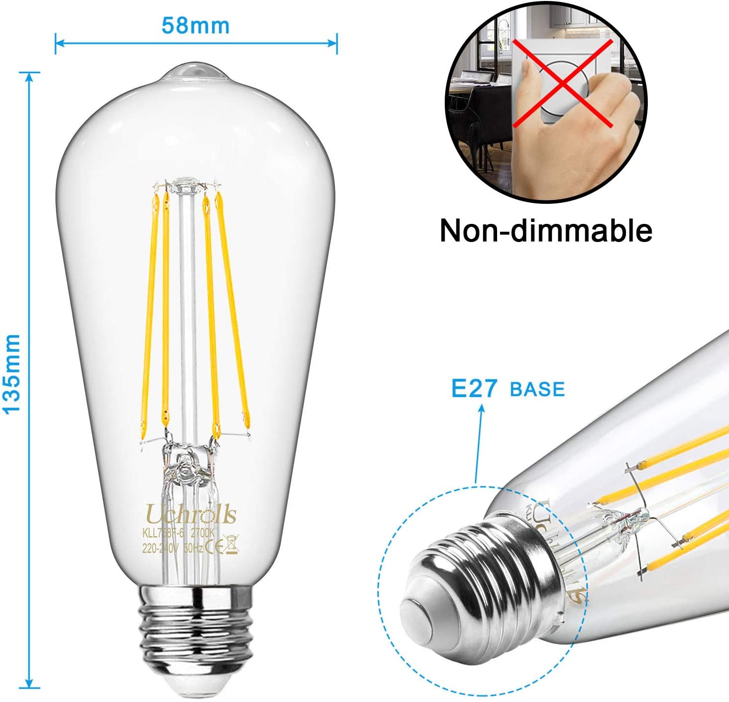 Uchrolls Vintage Edison Light Bulb ST58, E27 Base,6W (Equivalent to 60W),Warm White,2700K,800lm,Filament Clear LED Bulb - Image 3
