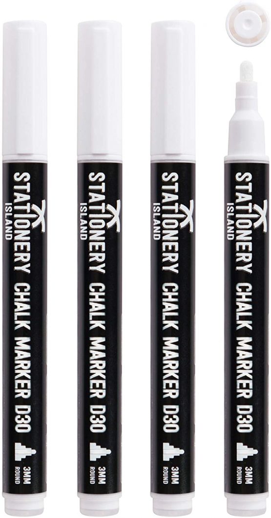 Stationery Island D30 White Chalk Pens - 3mm - Pack of 4 - Fine Bullet Nibs - Dry Wipe Erase Liquid Markers - For Glass, Mirrors, Windows, Whiteboards, Signs and Nonporous Blackboards