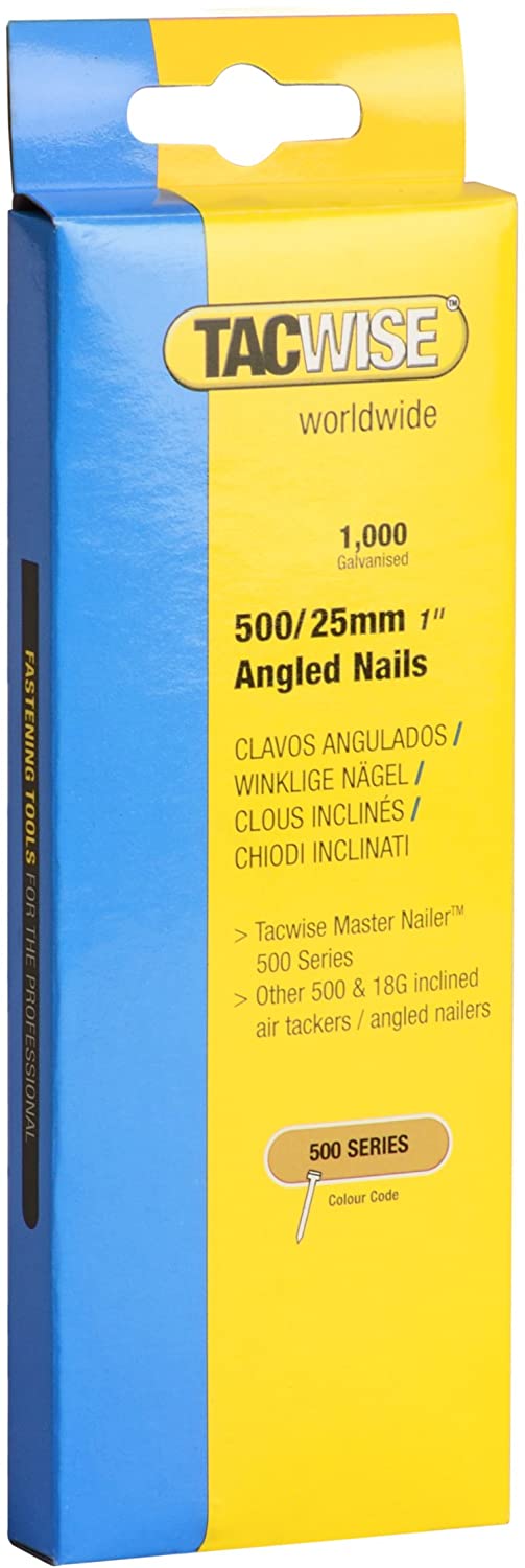 Tacwise 0480 Type 500 (18G) / 25 mm Galvanised Angled Brad Nails for 400ELS, 26° Incline, Pack of 1000