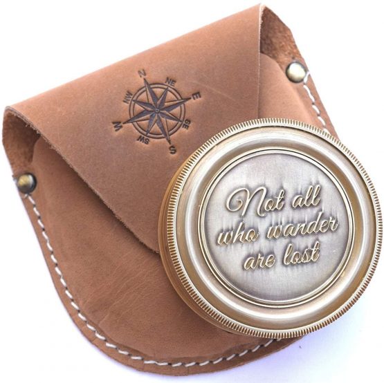 Nautical Replica Hub Antique Compass Not All Who Wander Are Lost Engraved Brass Compass With Leather Case, Pirates Compass, Magnetic Navigational instrument