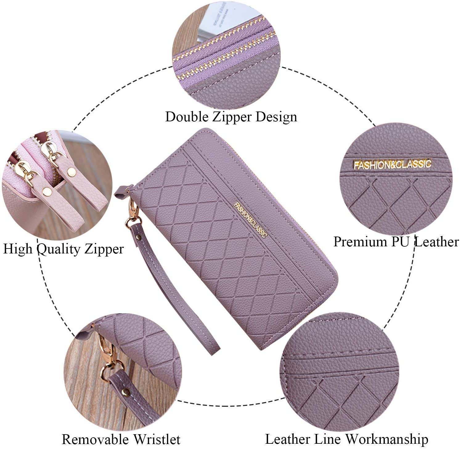 Ladies Purse Wallet with Double Zipper Coin Purse PU Leather Phone Wallet for Women Large Capacity Long Clutch Wallet with Multiple Card Slots Wristlet Wallet (Purple1) - Image 2