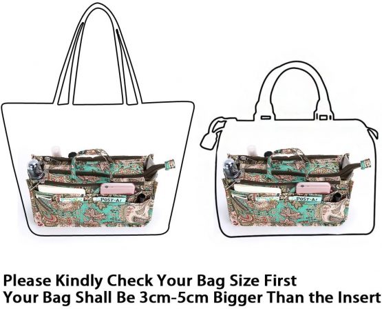 IGNPION Printed Insert Handbag Purse Organiser 13 Pockets Expandable Liner Bag Pouch Zipper Closure Tote Organiser Diaper Bag Insert with Handle (29x 16x 9cm) (Peacock Flower) - Image 3