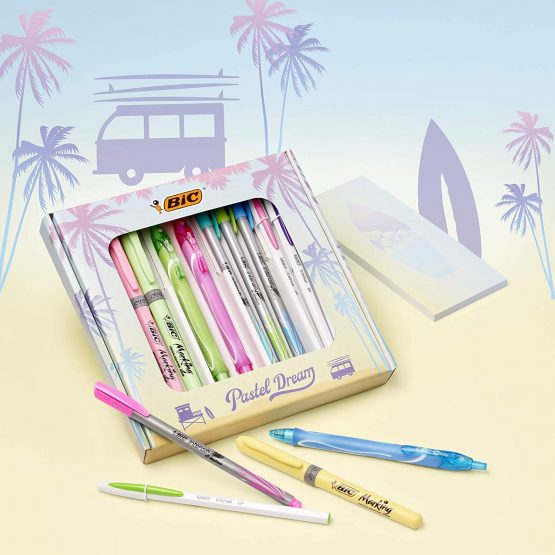 BIC Pastel Dream Kit - 3 Gel Pens/4 Felt Writing Pens/4 Highlighter Pastel Pens/4 Ball Pens/1 Notepad - Gift Box of 16, turquoise - Image 3