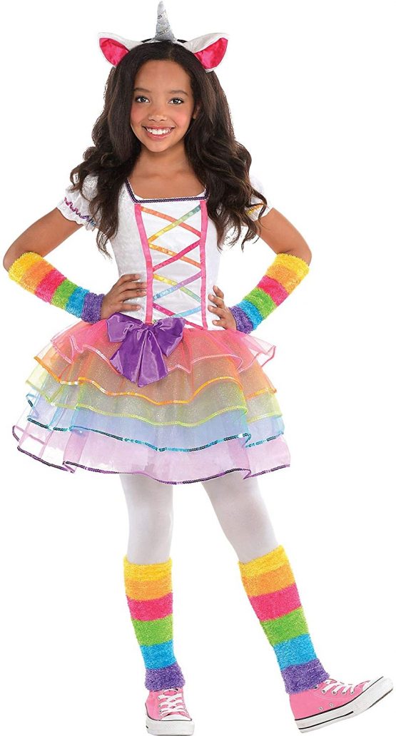 amscan 842747-55 Unicorn Rainbow Dress with Headband and Warmers - Age 8-10 Years - 1 PC