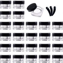 Yalbdopo 25 Pieces 5g / 5ml Empty Plastic Cosmetics Jars Travel Container Sample Pots with Black Screw Lids for Cream, Powder, Makeup Storage, Includes 3 Pack Mini Spatula