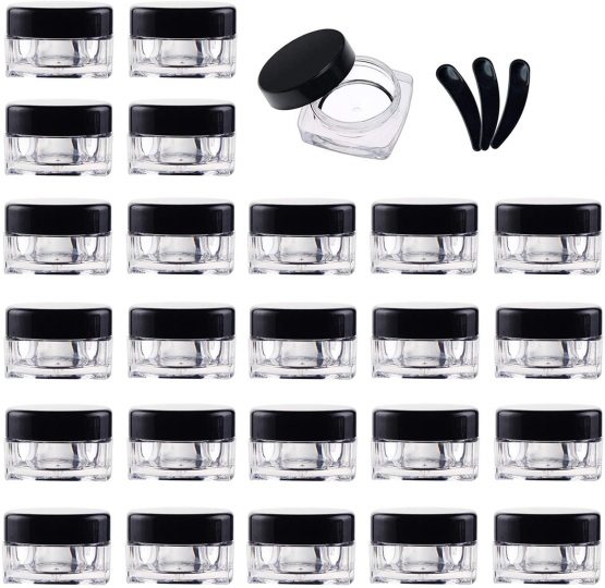 Yalbdopo 25 Pieces 5g / 5ml Empty Plastic Cosmetics Jars Travel Container Sample Pots with Black Screw Lids for Cream, Powder, Makeup Storage, Includes 3 Pack Mini Spatula