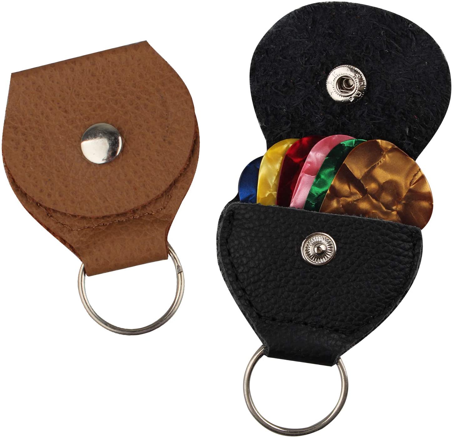 Futheda 2 Pieces Leather Plectrum Holder Case Keyring and 6 Pieces Doubled Sided Colorful Celluloid Material Guitar Picks Plectrums for Electric Acoustic
