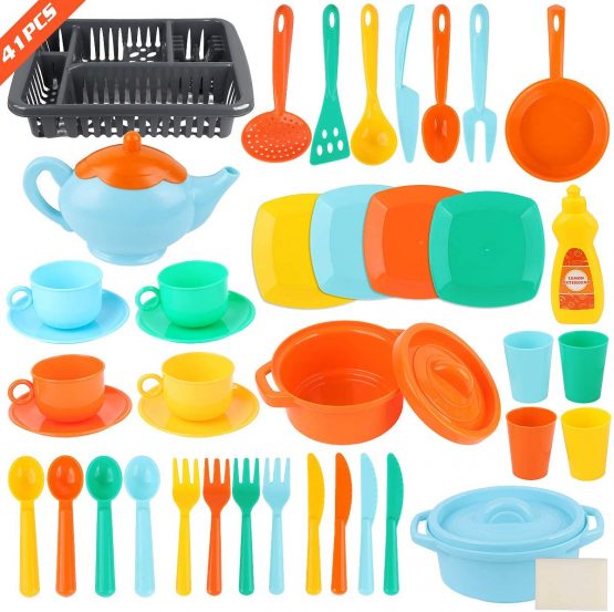 LOYO Pretend Play Kitchen Dish Set – 41 Piece Kids Kitchen Toys ...