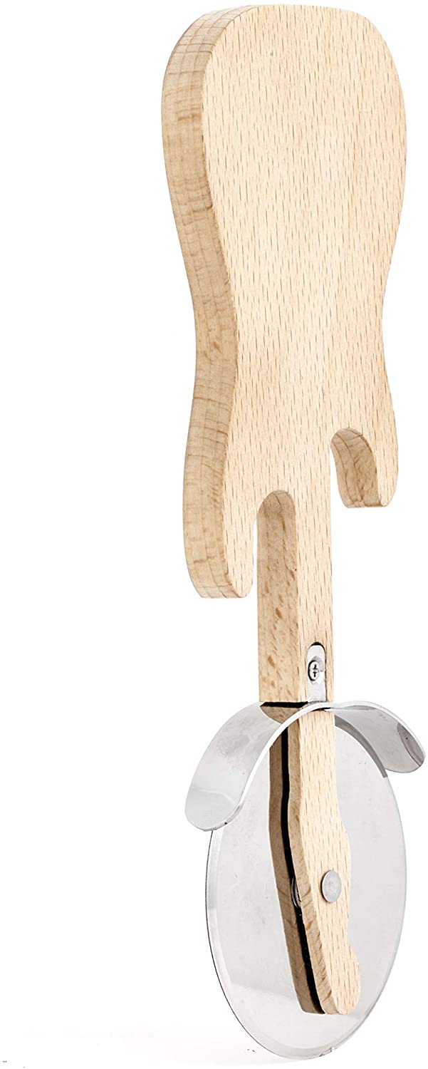Kikkerland Rockin Pizza Cutter, Stainless Steel Blade, Thumbguard for Safety Beech Wood CU108, Beige