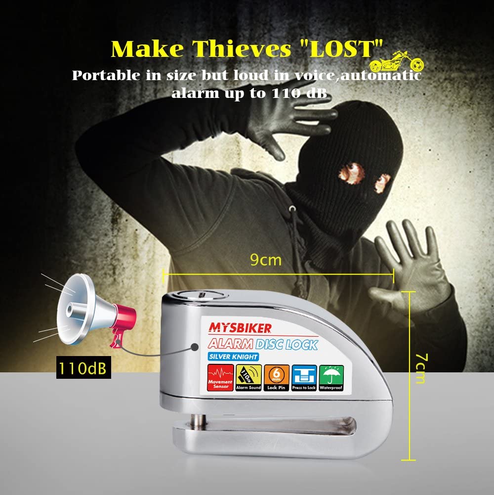 MYSBIKER Alarm Motorcycle Lock, Disc Brake Antitheft Wheel Padlock