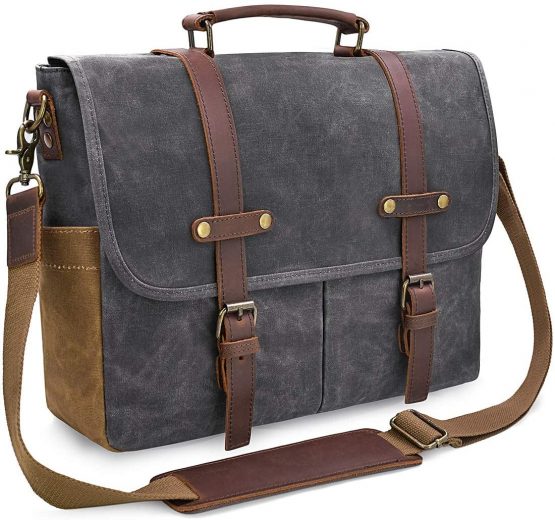 Newhey Mens Laptop Shoulder Canvas Messenger Bag Waterproof Computer Briefcase Notebook Vintage Satchel Designer School Work Bags Grey 15.6 Leather