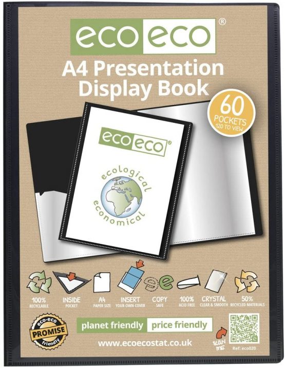 eco-eco A4 Size 50% Recycled 60 Pocket Black Presentation Display Book, Storage Case Portfolio Art Folder with Plastic Sleeves