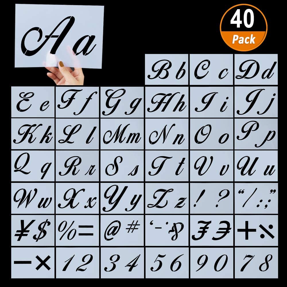 Aipaide 40 Pieces Letter Stencils for Painting on Wood Reusable Plastic Alphabet Stencils with Calligraphy Font Upper and Lowercase Letters