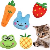 Fodlon Catnip Toys for Cats, 5Pcs Interactive Cat Catnip Toys Cute Shape Soft Plush Cat Pillow for Cat Kitten Teeth Cleaning Playing Chewing Pet Play Toy Strawberry/Frog/Rabbit/Pineapple/Carrot