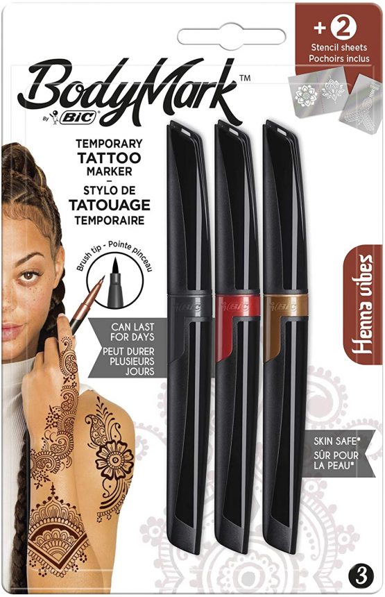 Bodymark By Bic Temporary Tattoo Markers and Stencils, Henna Vibes Kit - Assorted Colours, Pack of 3+2