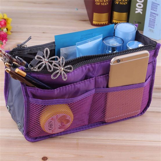 Handbag Organiser Insert Expandable Liner Bag Pouch Zipper Closure Tote Organiser Diaper Bag Cosmetic Travel Bag Liner Pouch with Handle (Black) (Purple) - Image 3