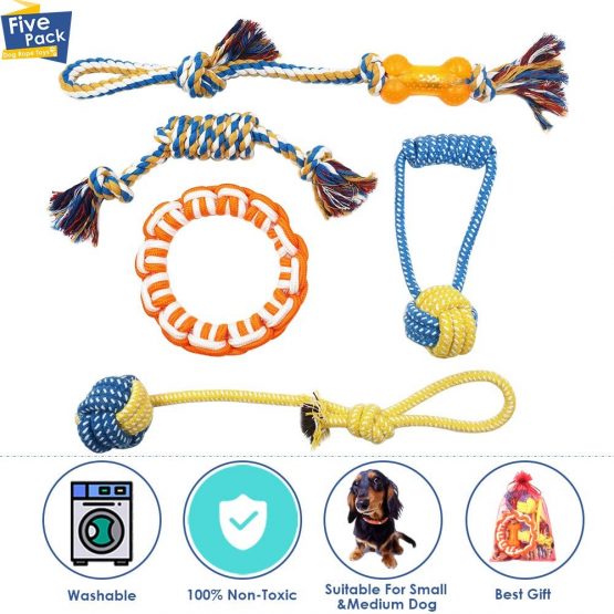SlowTon Dog Rope Toys, 5 Pack Rope Set Puppy Teething Training for Toss