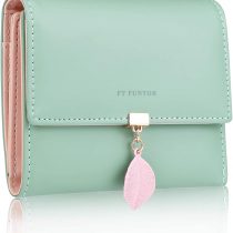 FT FUNTOR PU Leather Wallet for Women RFID-Blocking, Ladies Bifold Leaf Pendant Coin Zipper Small Purse with 5 Card Slots and 1 ID Window Card Holder Organizer (Green)