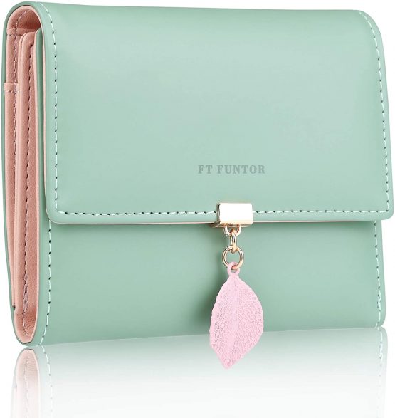 FT FUNTOR PU Leather Wallet for Women RFID-Blocking, Ladies Bifold Leaf Pendant Coin Zipper Small Purse with 5 Card Slots and 1 ID Window Card Holder Organizer (Green)