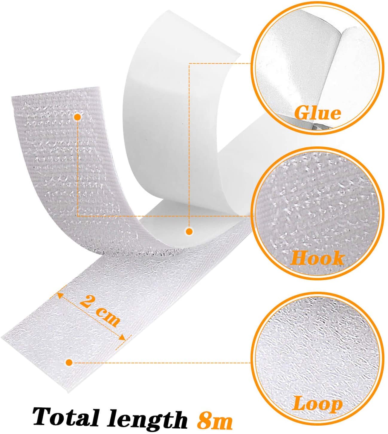 Blooven Hook and Loop Strip Tape 8 Meter Self Adhesive Sticky Back Fastening Tape 20 mm Wide (20 mm x 8 m, White) - Image 3