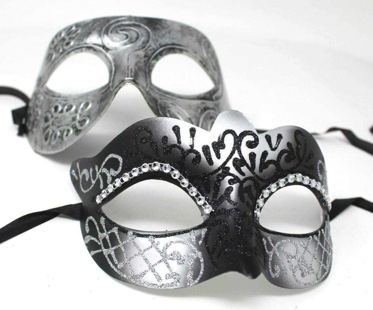 HIS N HERS PAIR OF CO-ORDINATED SILVER & BLACK COUPLES VENETIAN MASQUERADE CARNIVAL PARTY BALL EYE MASKS, Silver Black, 8cm deep