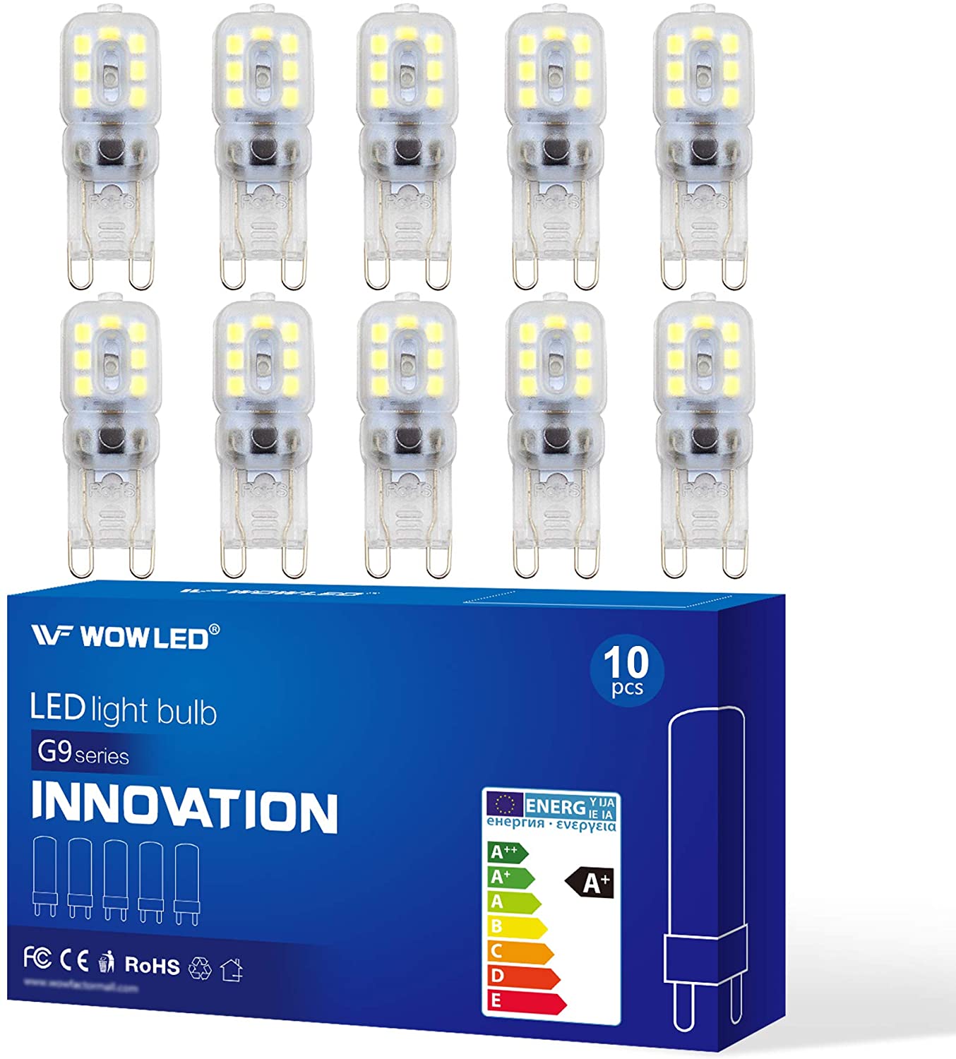 WOWLED G9 LED Light Bulb, 3W (30W Equivalent), Non-Dimmable, Cool White, Pack of 10, 220 Lumen, 6000 Kelvin, 220-240V